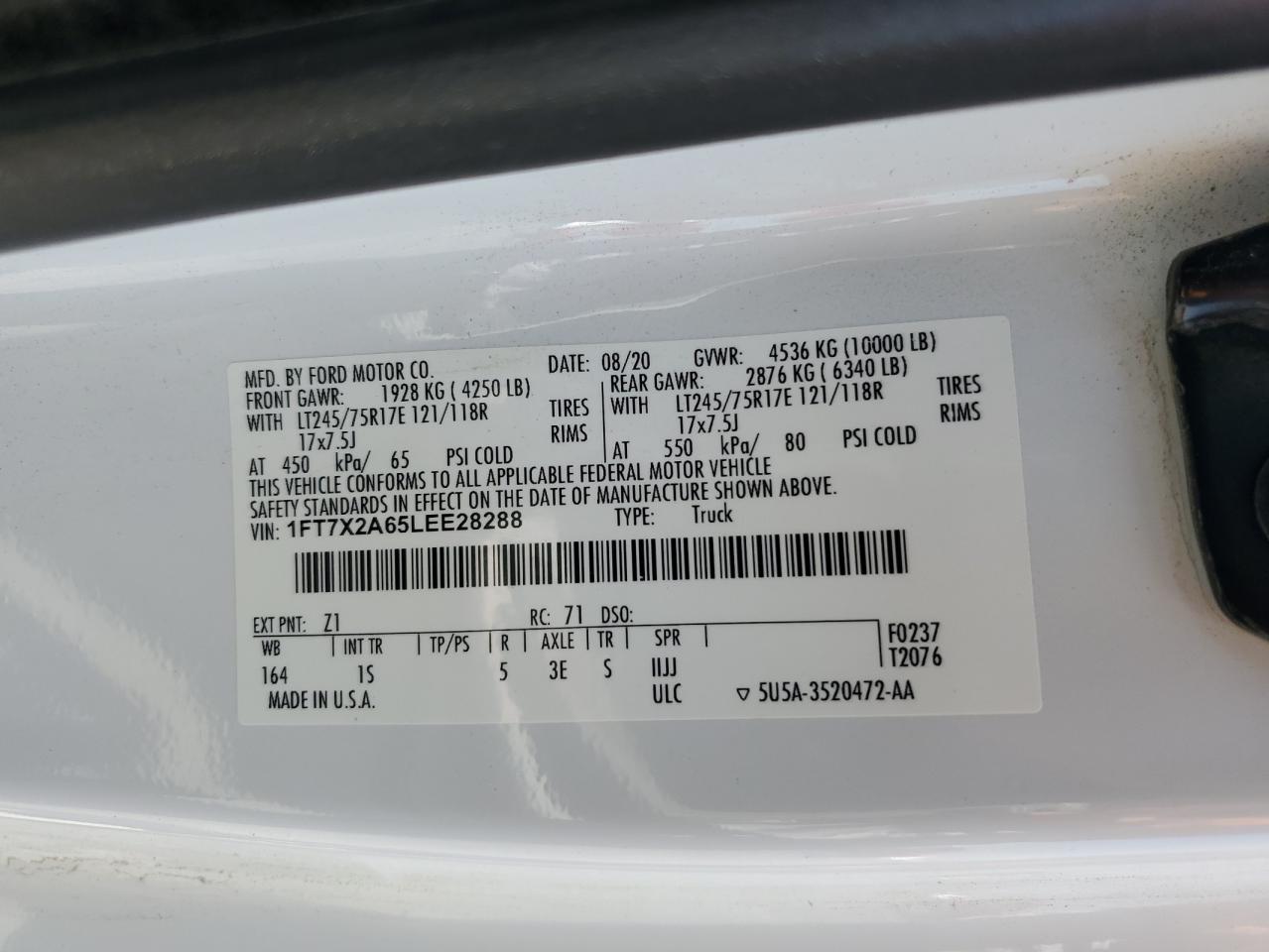 2020 Ford F250 Super Duty VIN: 1FT7X2A65LEE28288 Lot: 62744735