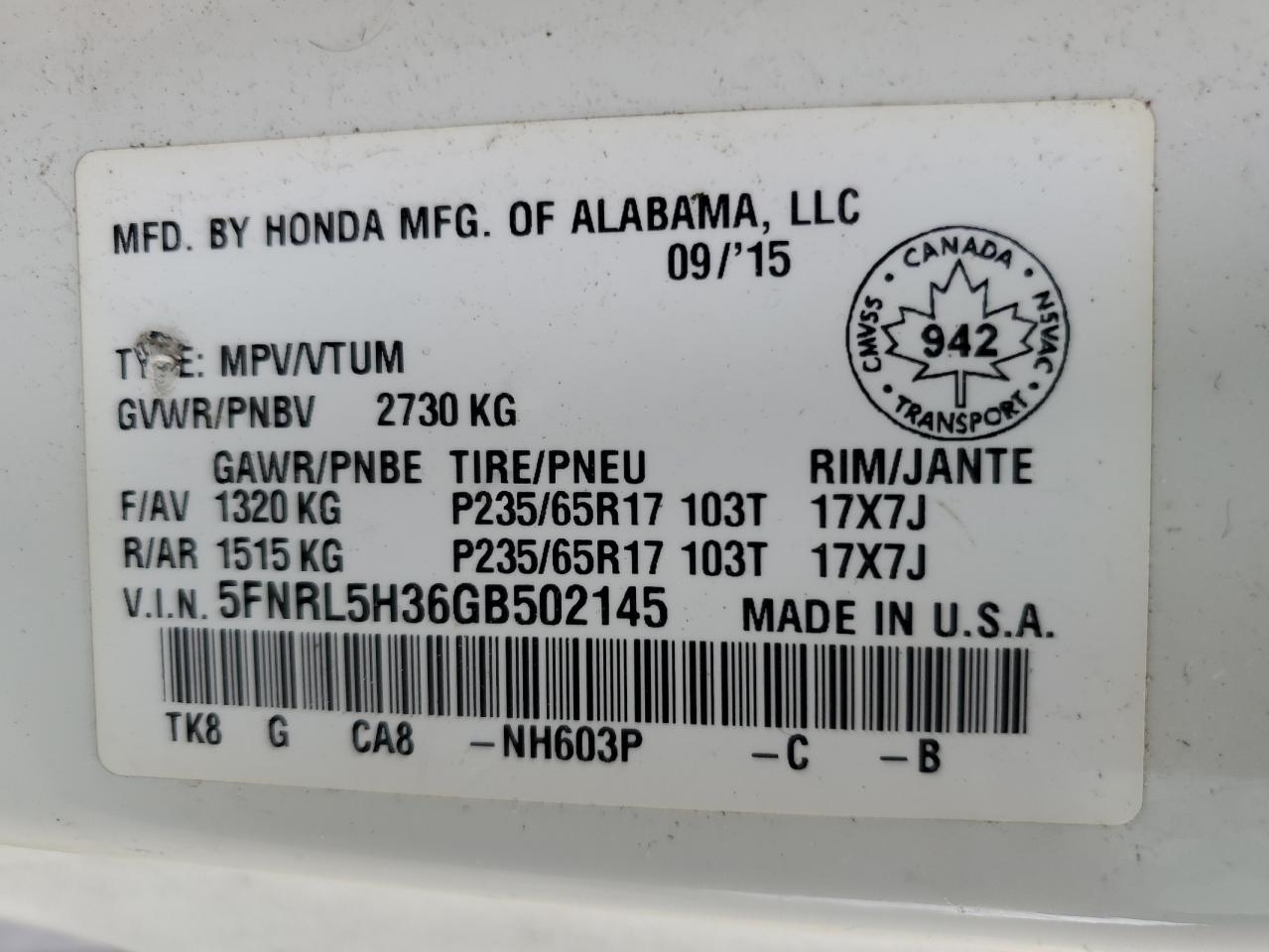 2016 Honda Odyssey Se VIN: 5FNRL5H36GB502145 Lot: 61923195