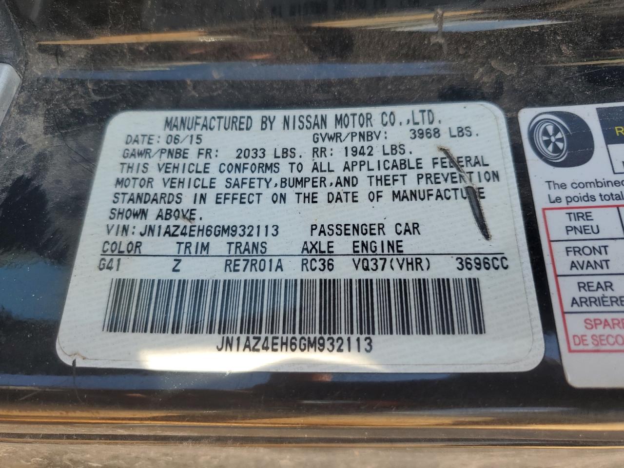 2016 Nissan 370Z Base VIN: JN1AZ4EH6GM932113 Lot: 61807145