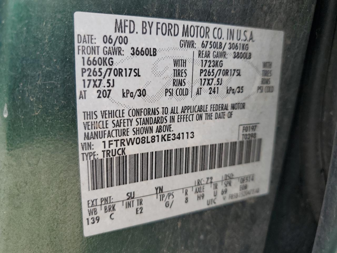 2001 Ford F150 Supercrew VIN: 1FTRW08L81KE34113 Lot: 62850325