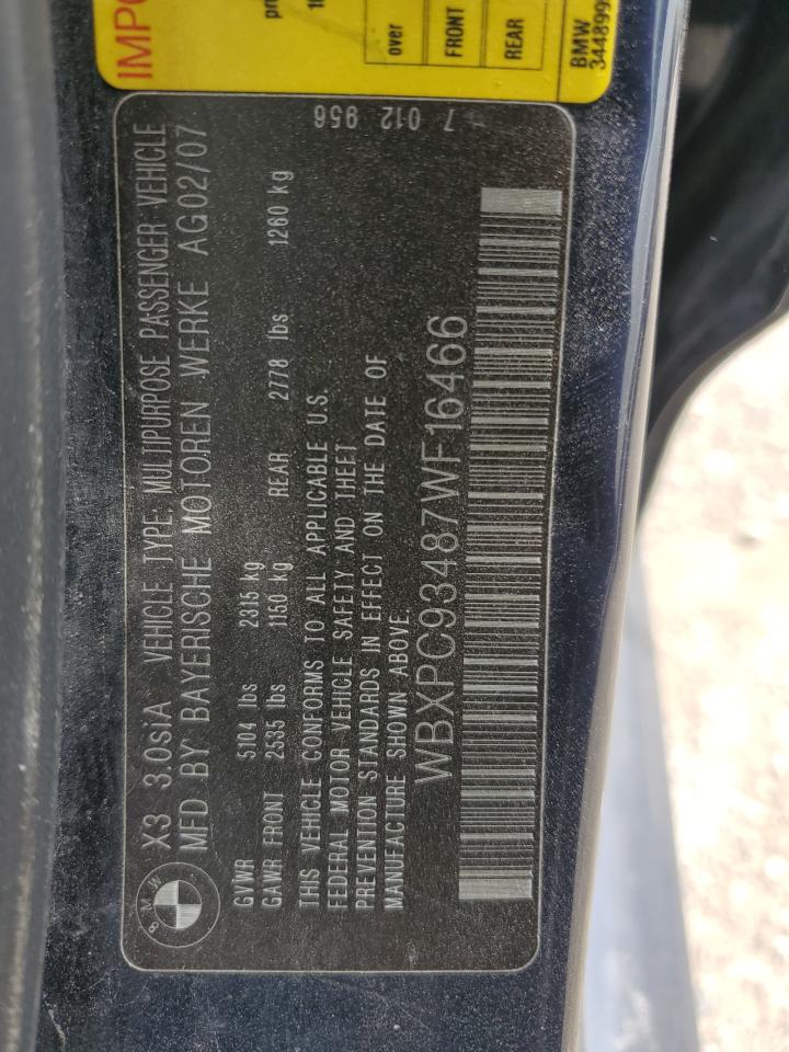 2007 BMW X3 3.0Si VIN: WBXPC93487WF16466 Lot: 61728965