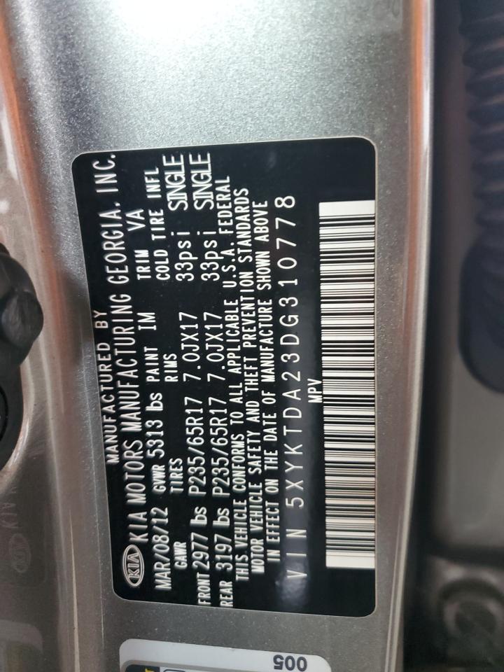 2013 Kia Sorento Lx VIN: 5XYKTDA23DG310778 Lot: 61196035