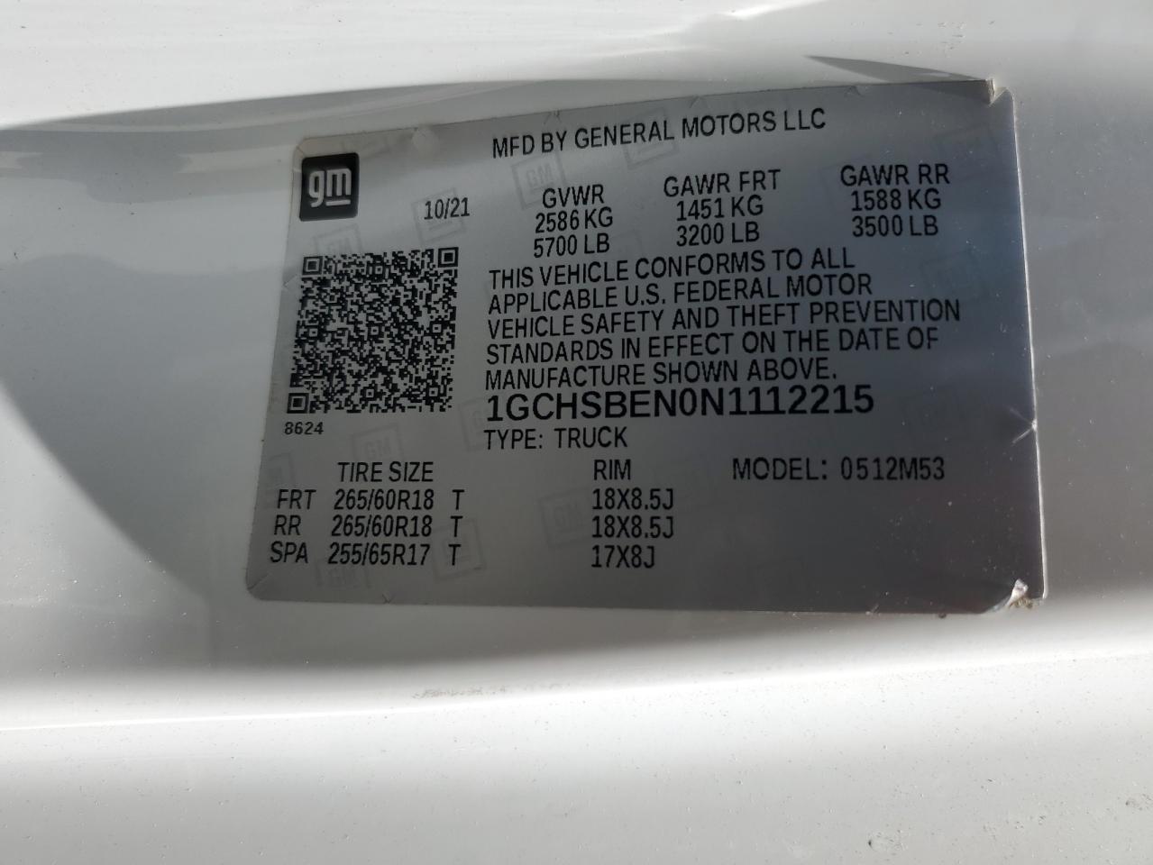 2022 Chevrolet Colorado VIN: 1GCHSBEN0N1112215 Lot: 60330755