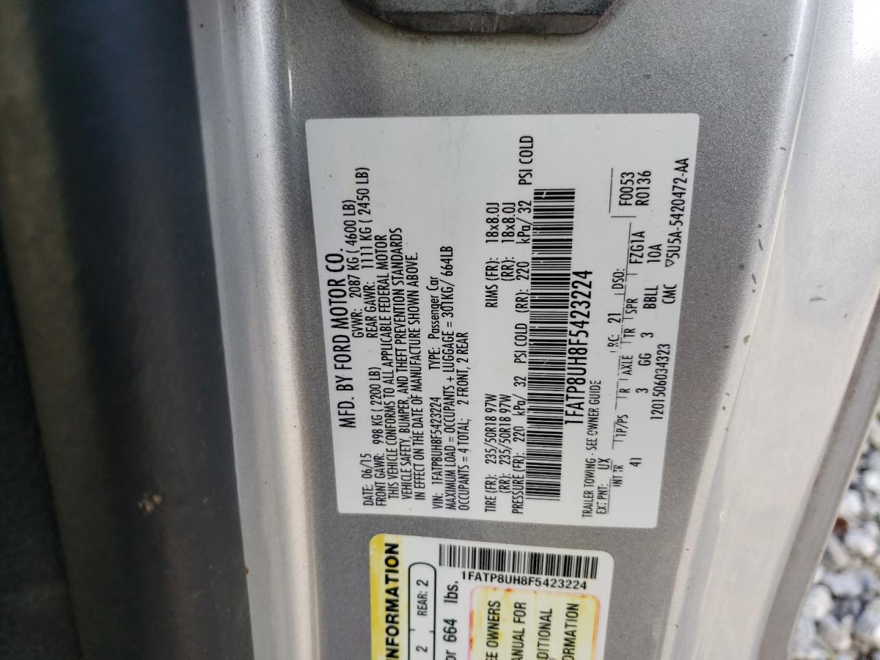 2015 Ford Mustang VIN: 1FATP8UH8F5423224 Lot: 62932065