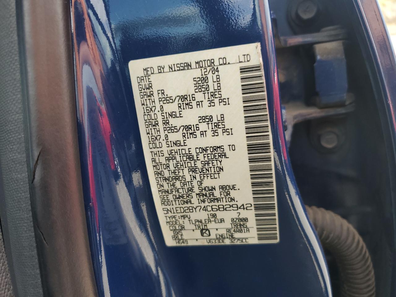 2004 Nissan Xterra Xe VIN: 5N1ED28Y74C682942 Lot: 59638985