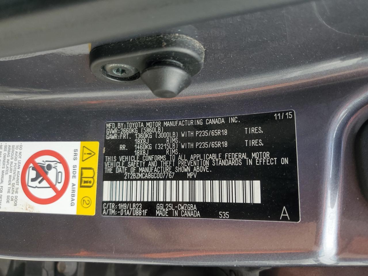LEXUS RX350 2016 VIN 2T2BZMCA8GC007767 zdjęcie 13
