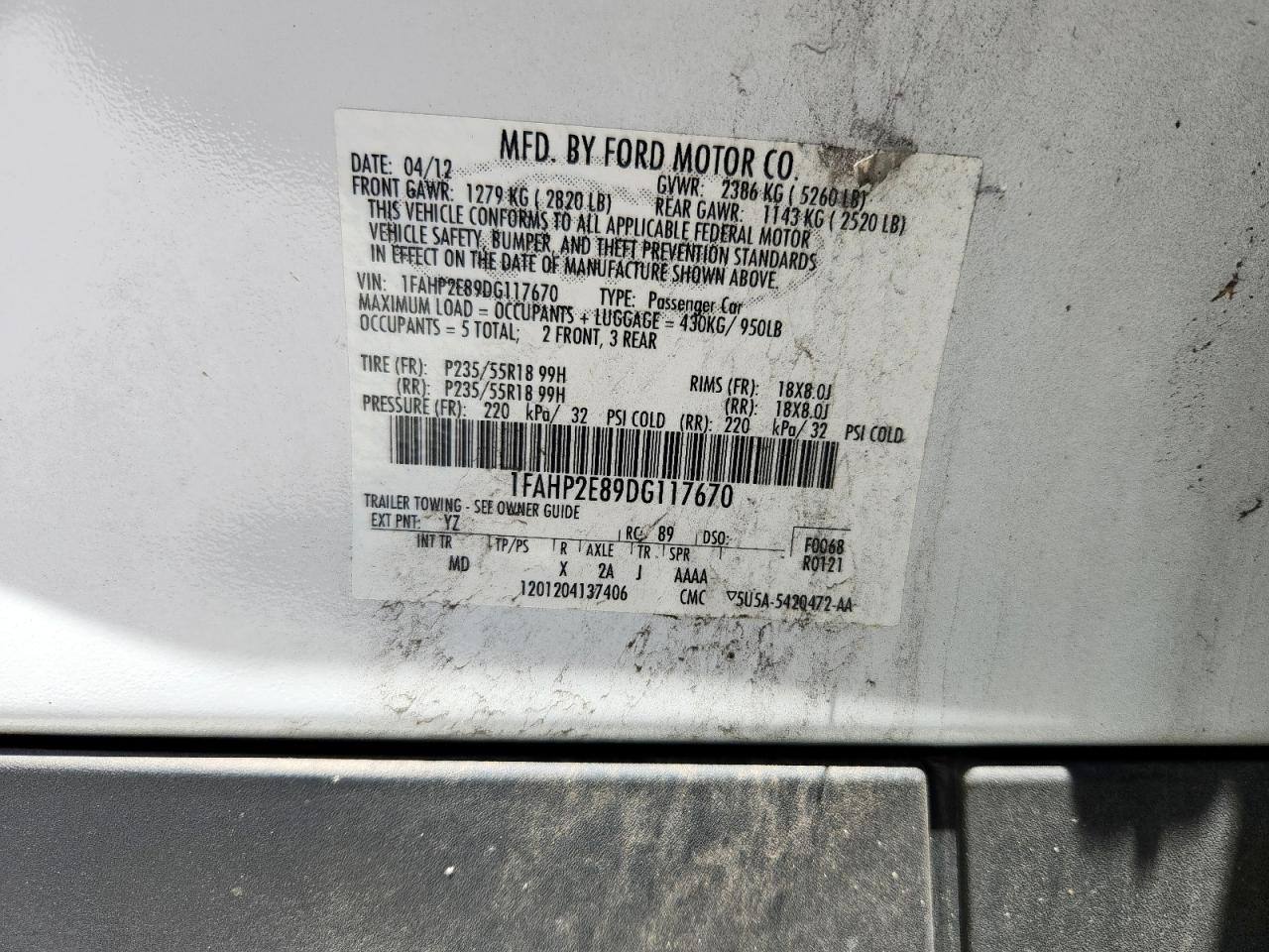 2013 Ford Taurus Sel VIN: 1FAHP2E89DG117670 Lot: 63236155