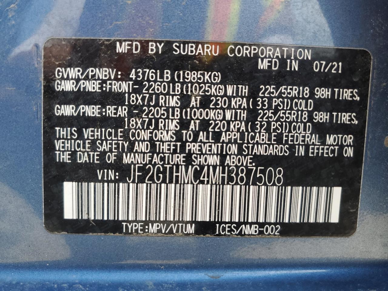 2021 Subaru Crosstrek Limited VIN: JF2GTHMC4MH387508 Lot: 60939085