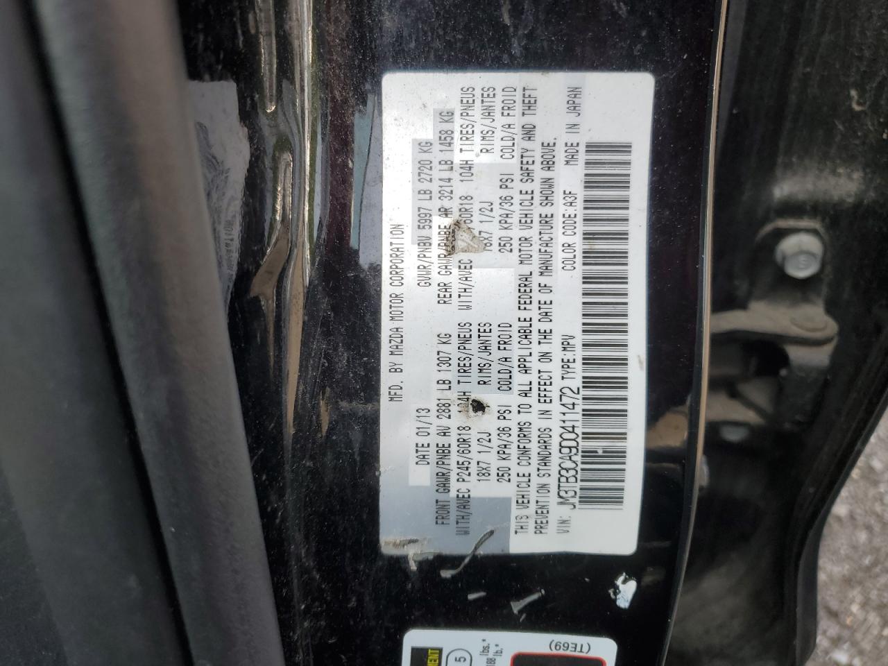 2013 Mazda Cx-9 Touring VIN: JM3TB3CA9D0411472 Lot: 61003175