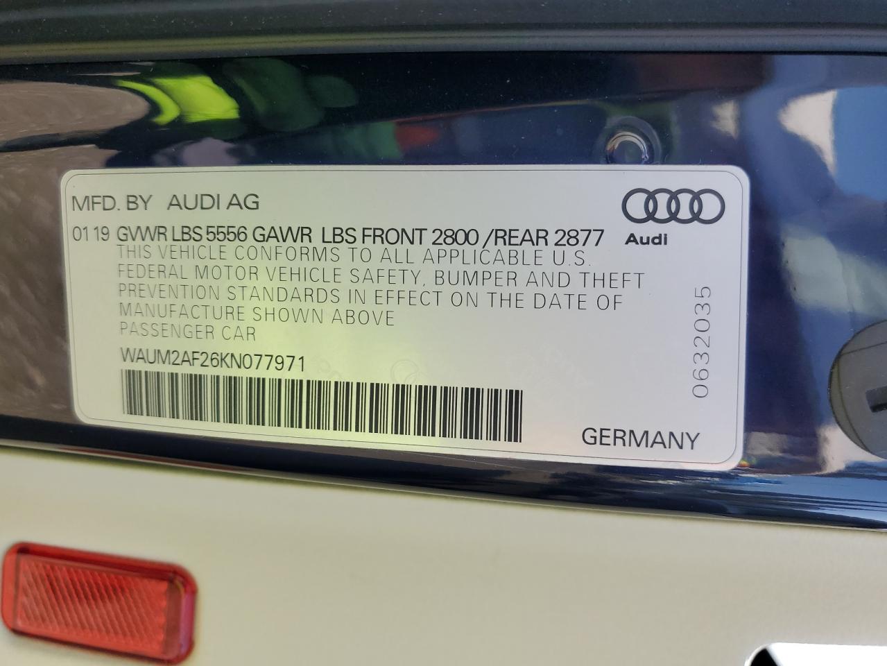 2019 Audi A6 Prestige VIN: WAUM2AF26KN077971 Lot: 62770185