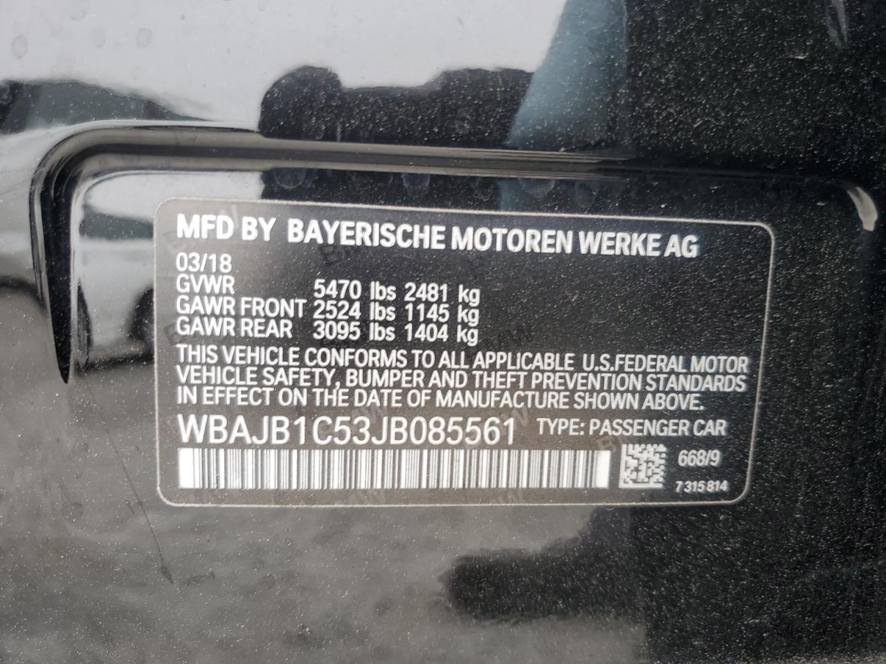 2018 BMW 530Xe VIN: WBAJB1C53JB085561 Lot: 59339715