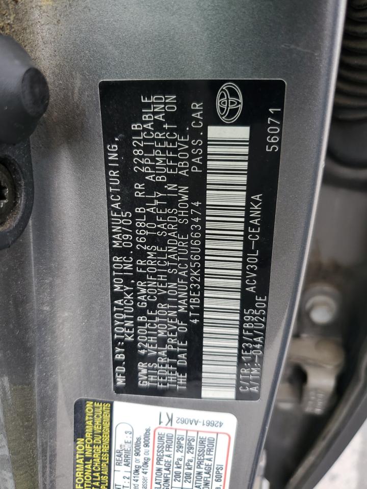 2006 Toyota Camry Le VIN: 4T1BE32K56U663474 Lot: 62862835