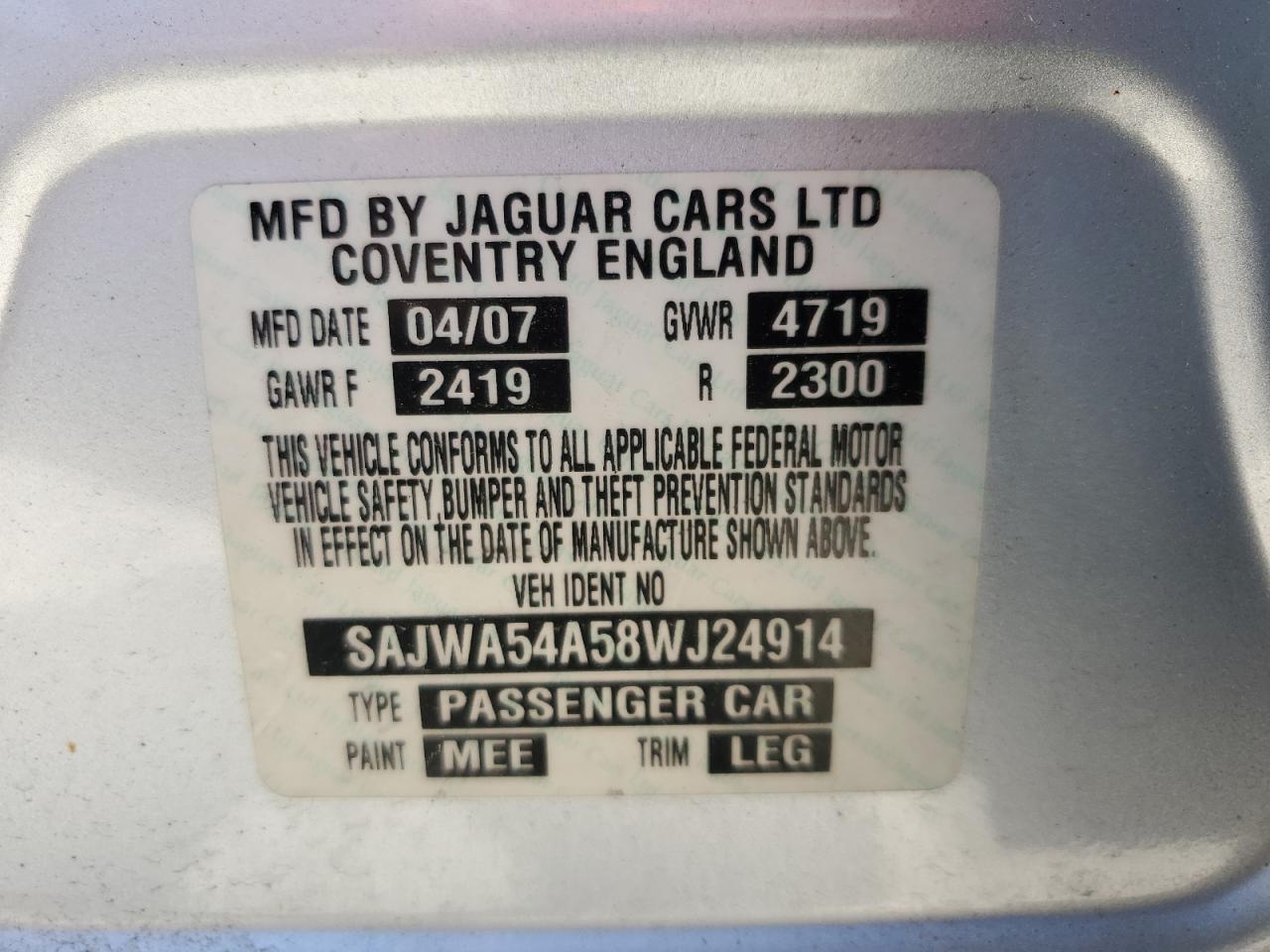 2008 Jaguar X-Type Sport 3.0 VIN: SAJWAS4A58WT24914 Lot: 60126535