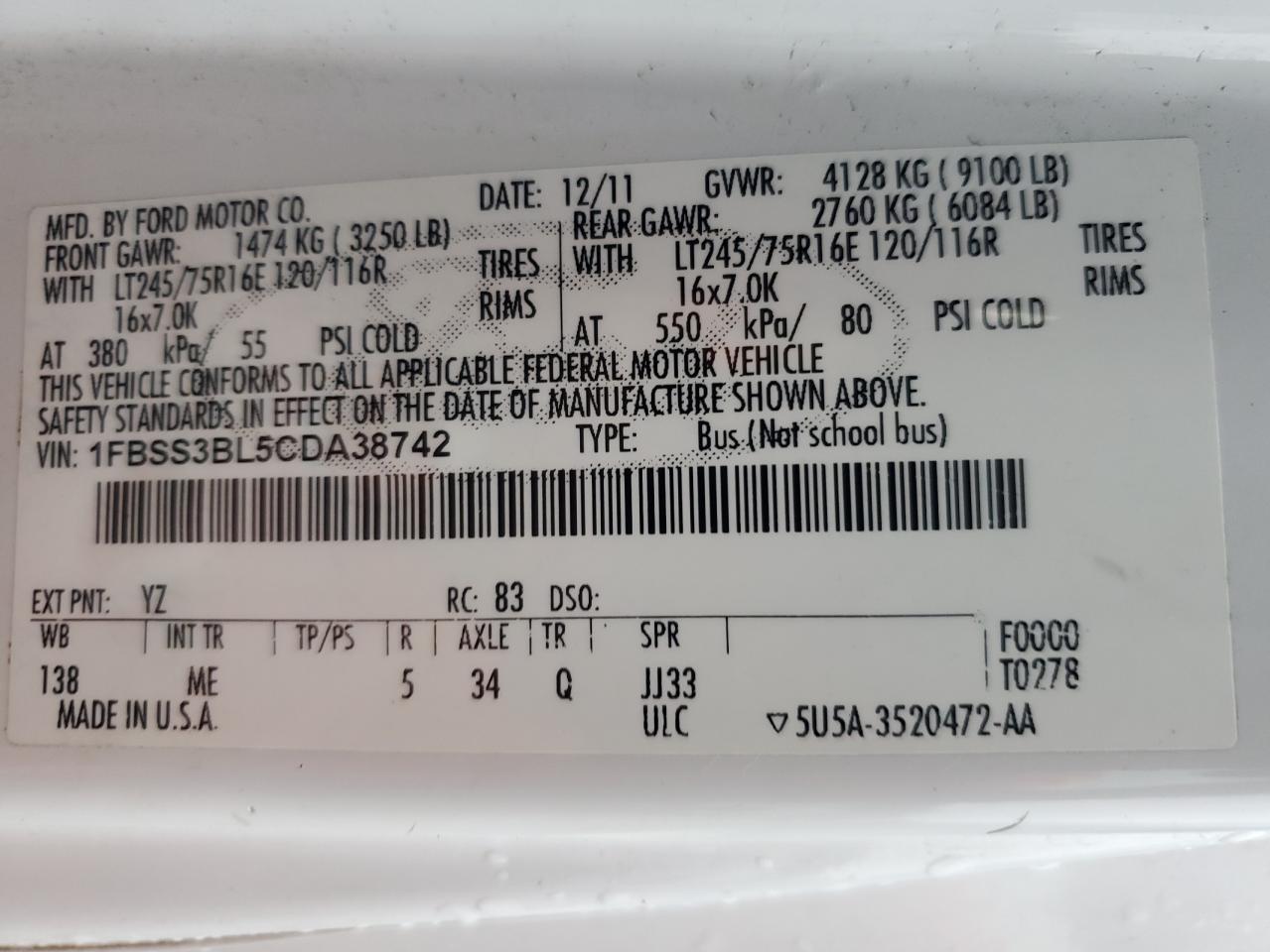 2012 Ford Econoline E350 Super Duty Wagon VIN: 1FBSS3BL5CDA38742 Lot: 62640235