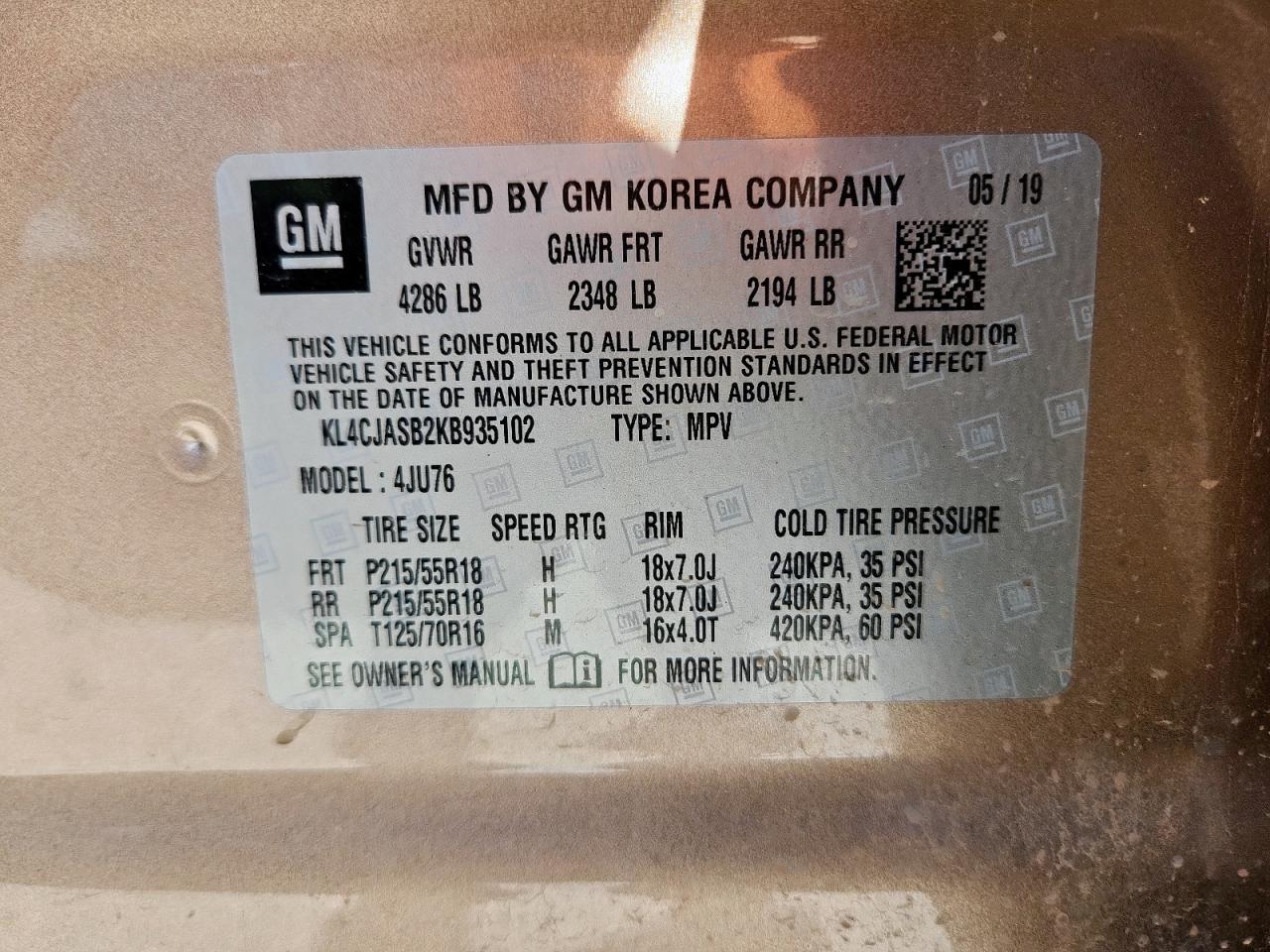 2019 Buick Encore Preferred VIN: KL4CJASB2KB935102 Lot: 62356235