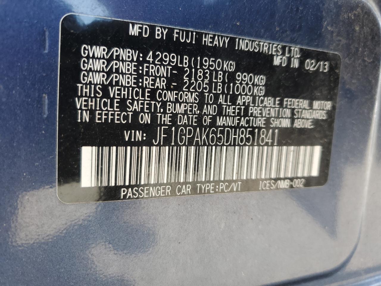 2013 Subaru Impreza Limited VIN: JF1GPAK65DH851841 Lot: 61944945