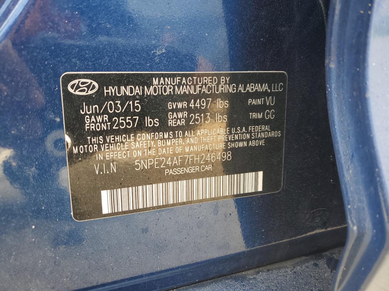 2015 Hyundai Sonata Se VIN: 5NPE24AF7FH246498 Lot: 62082695