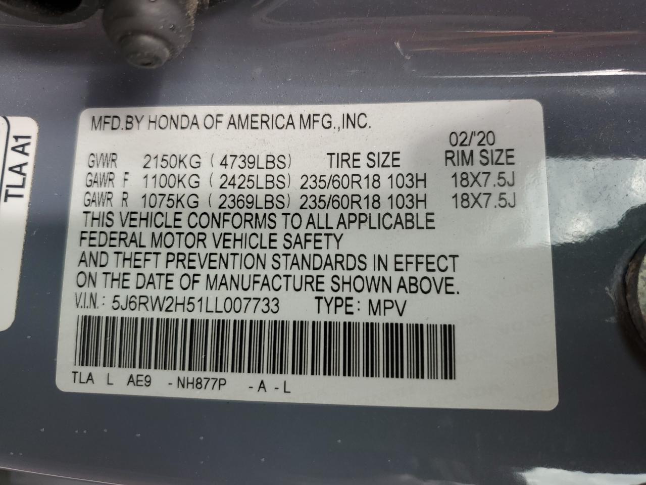 2020 Honda Cr-V Ex VIN: 5J6RW2H51LL007733 Lot: 61600155