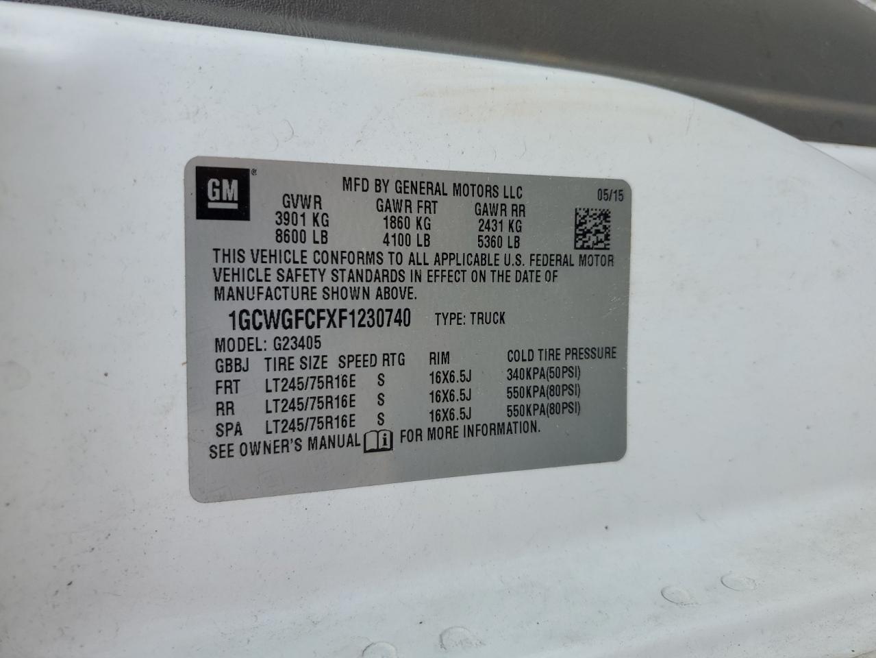 2015 Chevrolet Express G2500 VIN: 1GCWGFCFXF1230740 Lot: 60415655