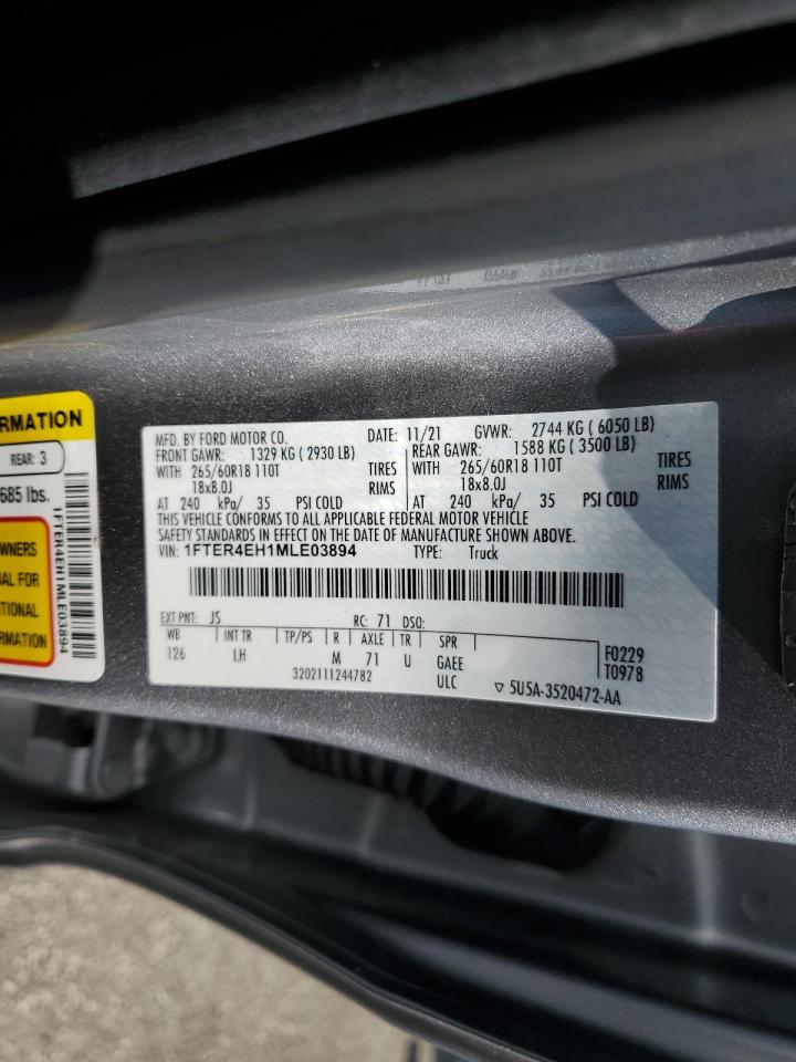 2021 Ford Ranger Xl VIN: 1FTER4EH1MLE03894 Lot: 62397075