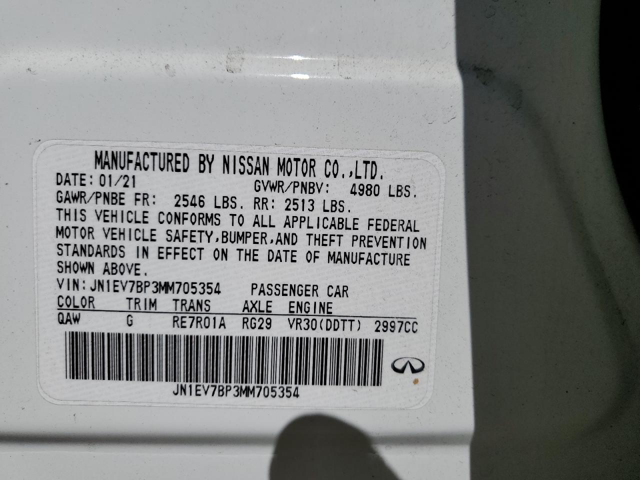 2021 Infiniti Q50 Luxe VIN: JN1EV7BP3MM705354 Lot: 62962575