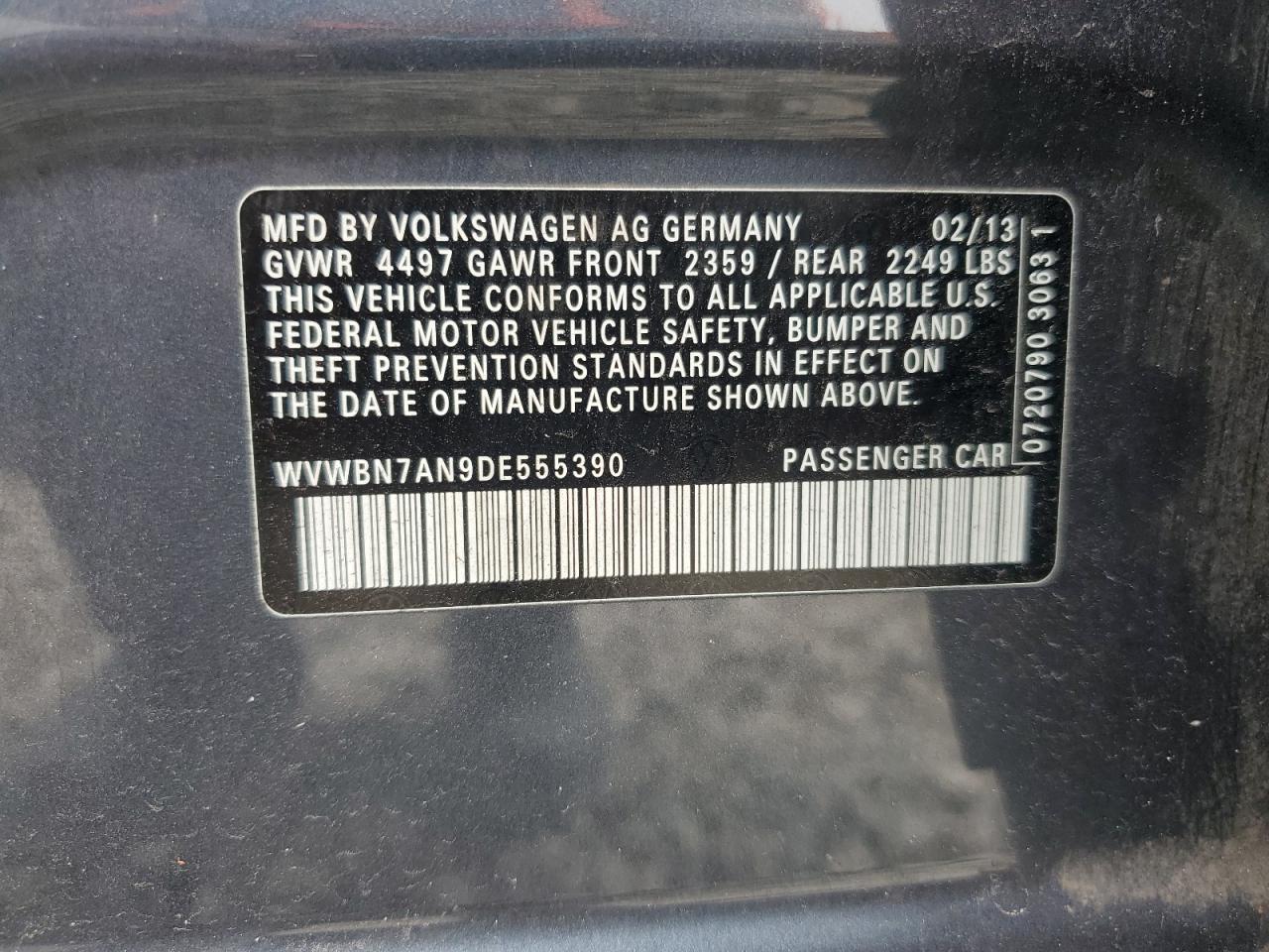 2013 Volkswagen Cc Sport VIN: WVWBN7AN9DE555390 Lot: 59458175