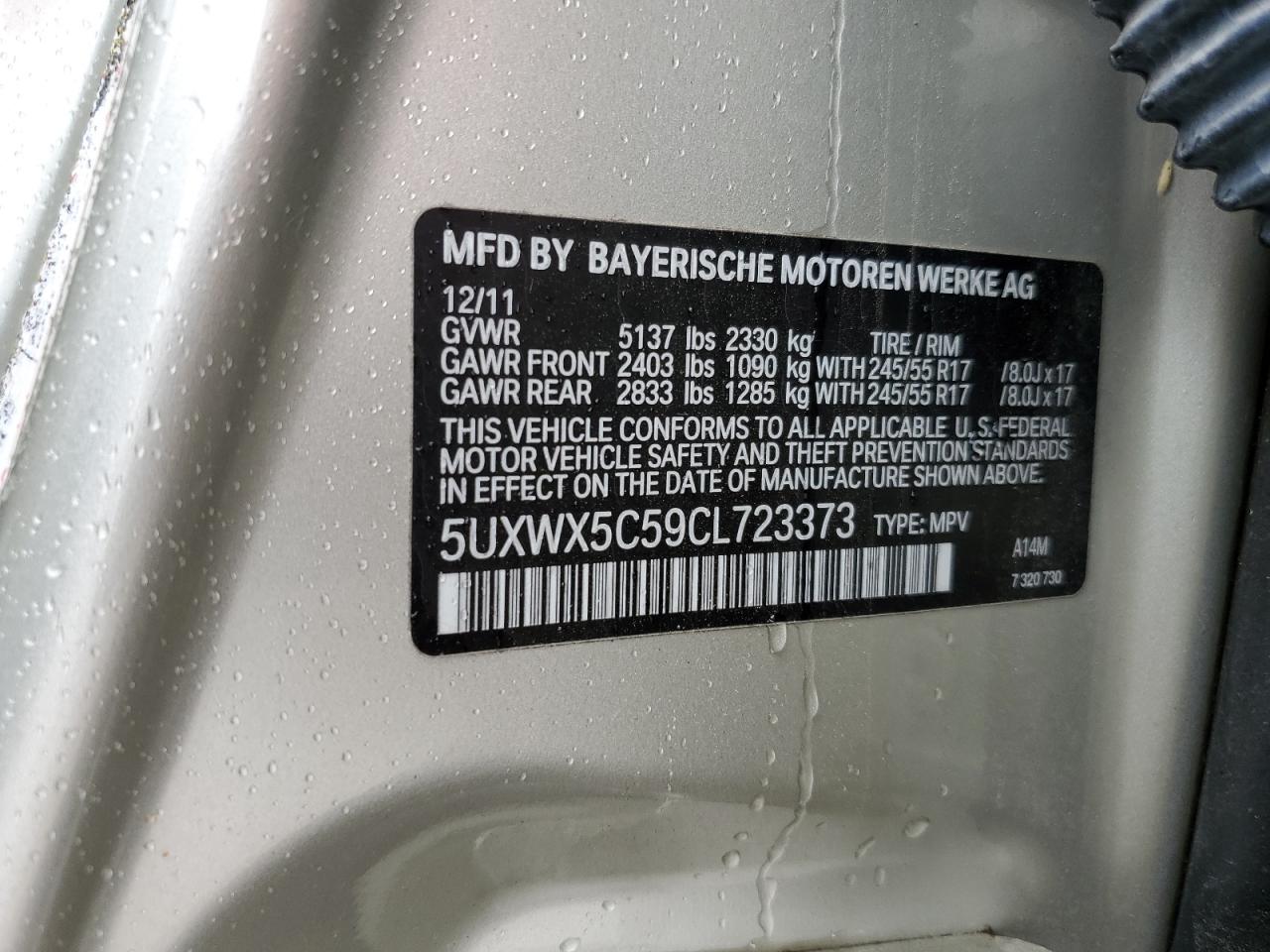2012 BMW X3 xDrive28I VIN: 5UXWX5C59CL723373 Lot: 60208195