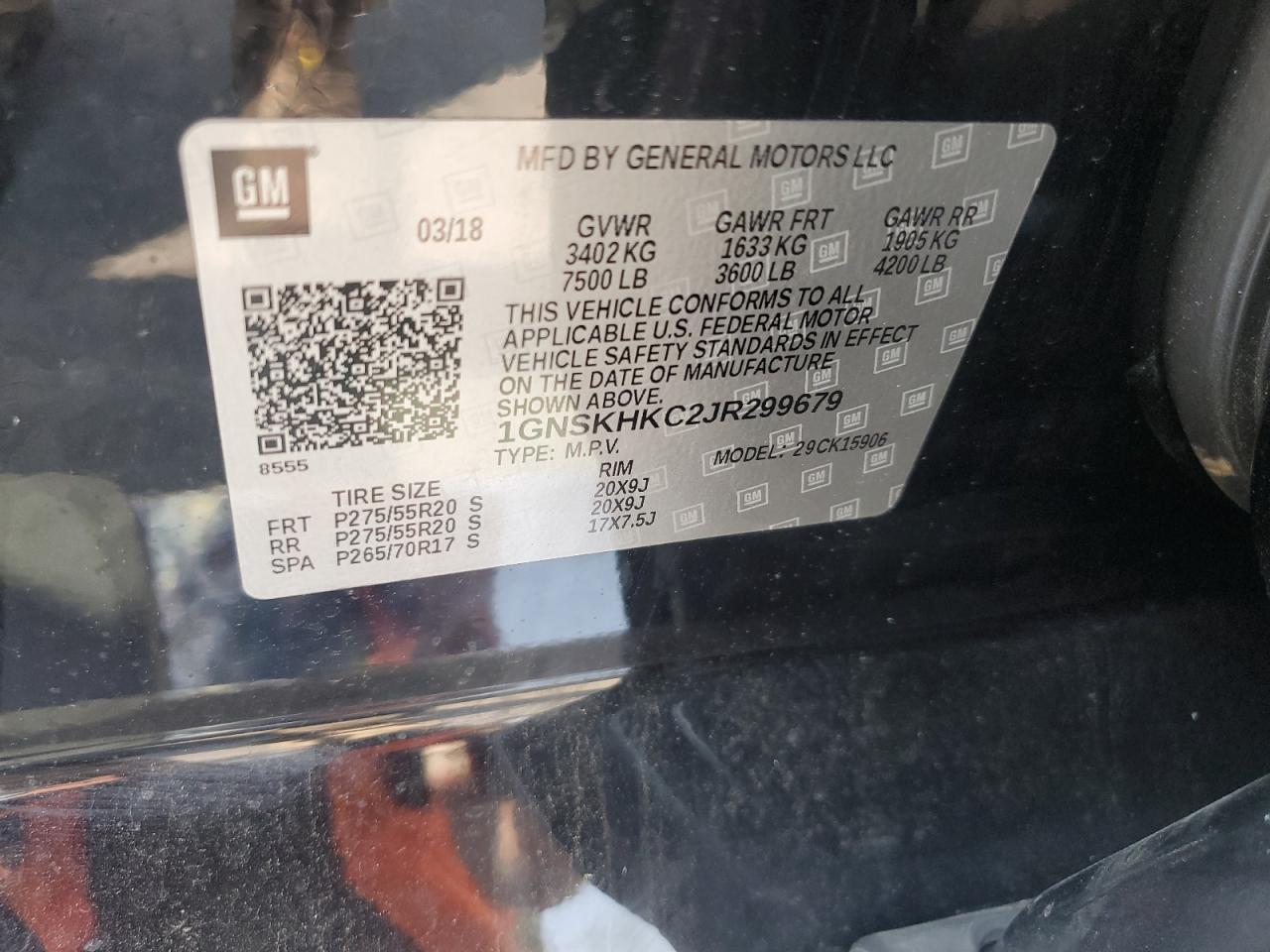 2018 Chevrolet Suburban K1500 Lt VIN: 1GNSKHKC2JR299679 Lot: 60543755