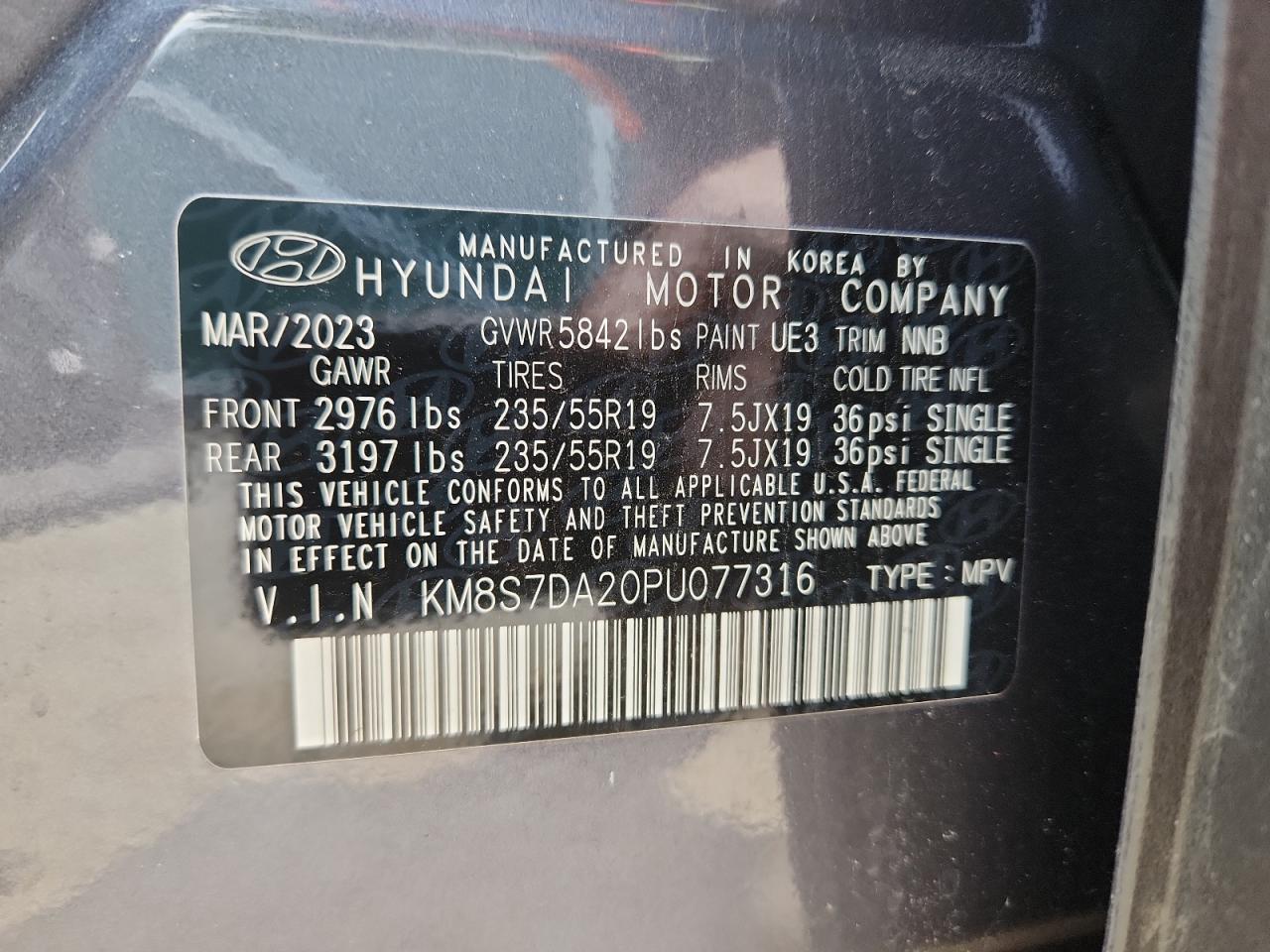2023 Hyundai Santa Fe Limited VIN: KM8S7DA20PU077316 Lot: 62481685
