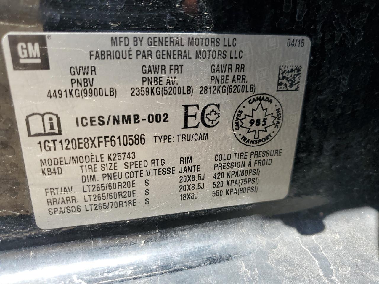 GMC SIERRA 2015 VIN 1GT120E8XFF610586 фото 12