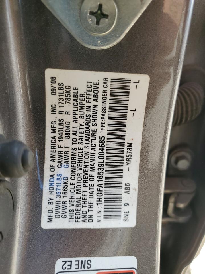 HONDA CIVIC 2009 VIN 1HGFA16539L004685 photo 12