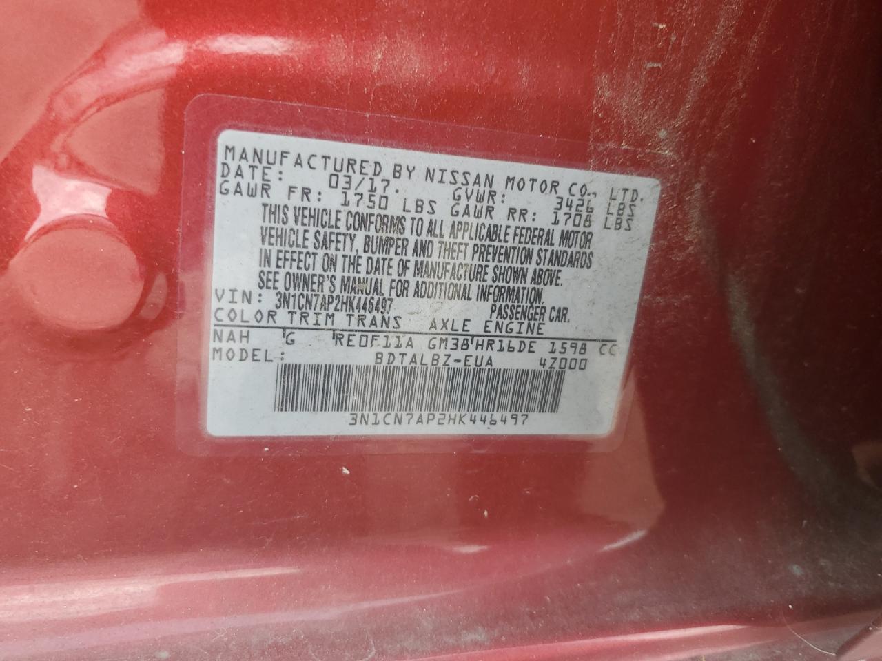 2017 Nissan Versa S VIN: 3N1CN7AP2HK446497 Lot: 62726875