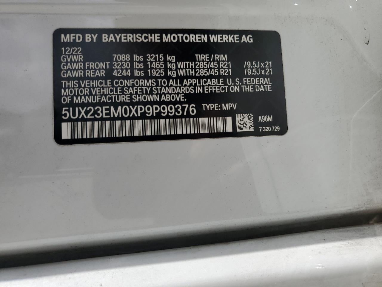 2023 BMW X7 xDrive40I VIN: 5UX23EM0XP9P99376 Lot: 59933525