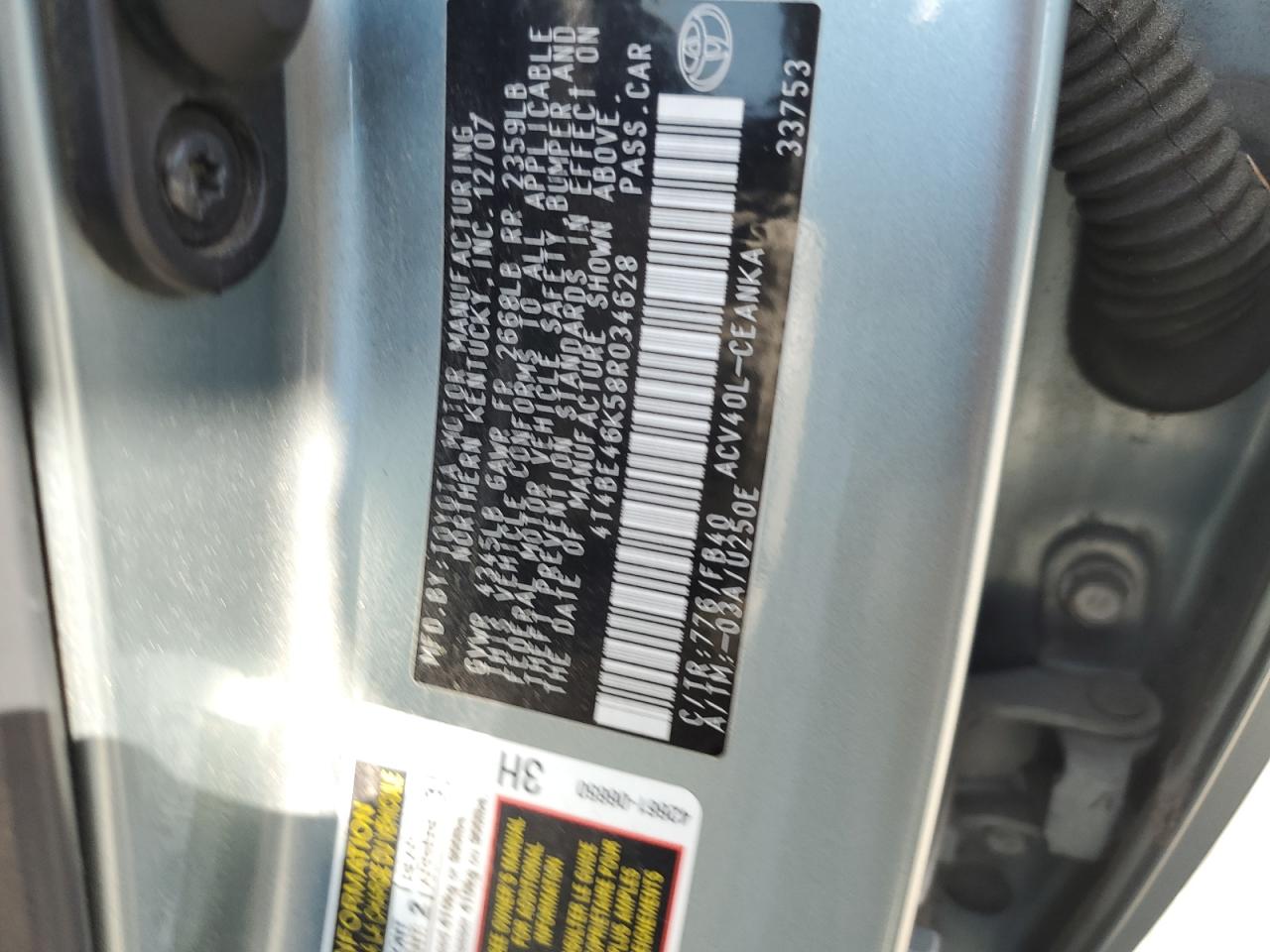 2008 Toyota Camry Ce VIN: 4T4BE46K58R034628 Lot: 63081685