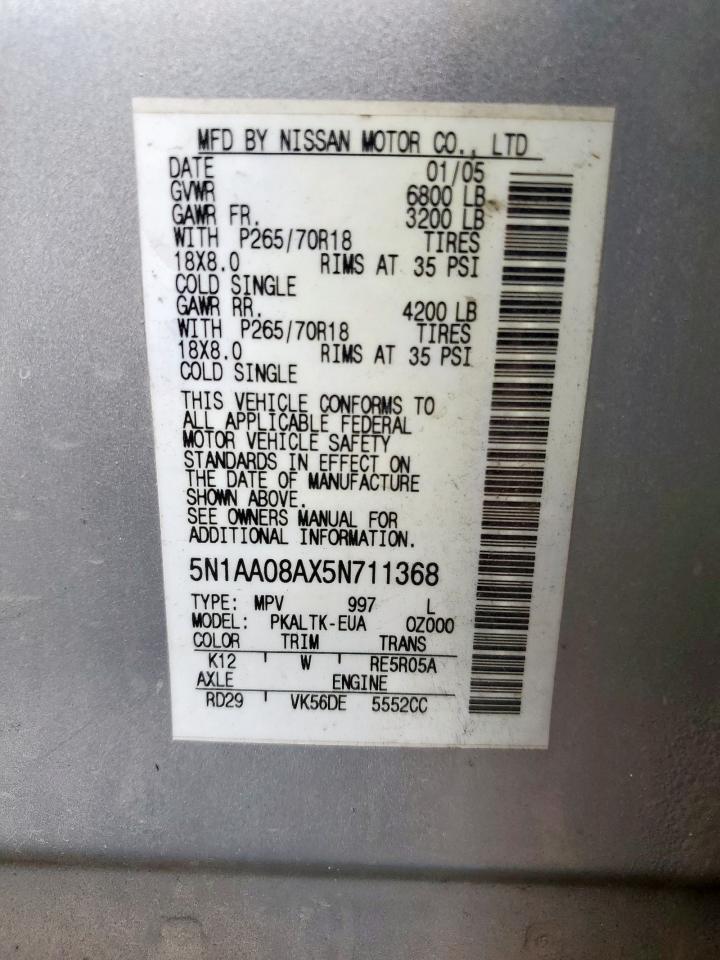 2005 Nissan Armada Se VIN: 5N1AA08AX5N711368 Lot: 61663625