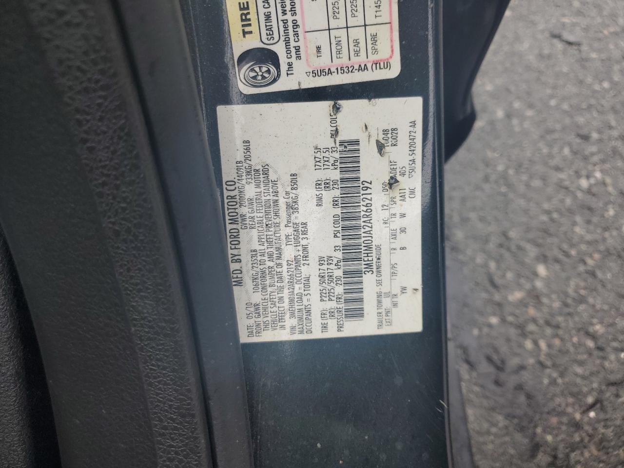 2010 Mercury Milan Premier VIN: 3MEHM0JA2AR662192 Lot: 61028295