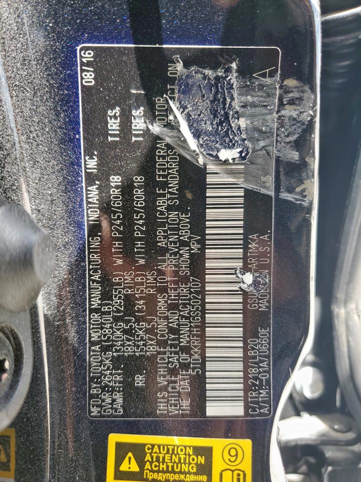 2016 Toyota Highlander Xle VIN: 5TDKKRFH1GS502107 Lot: 59936755