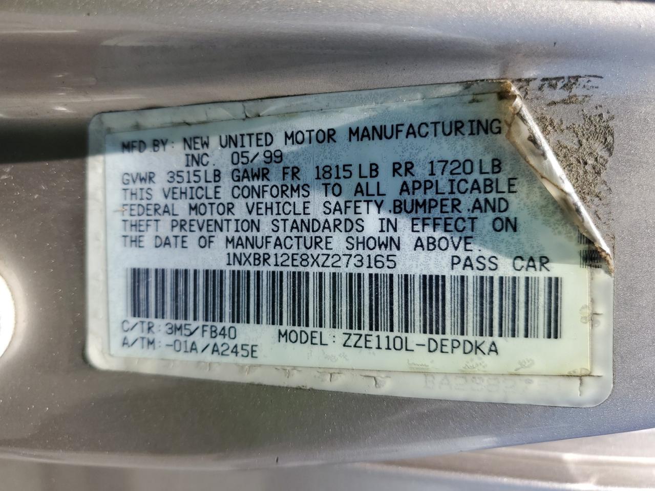 TOYOTA COROLLA 1999 VIN 1NXBR12E8XZ273165 фото 12