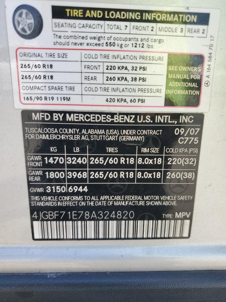2008 Mercedes-Benz Gl 450 4Matic VIN: 4JGBF71E78A324820 Lot: 62516455