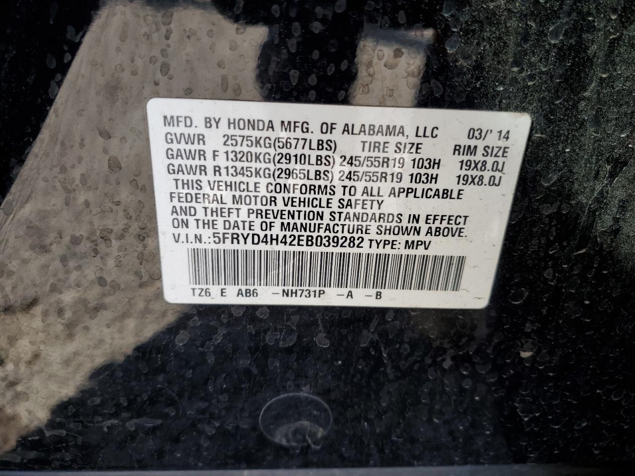 2014 Acura Mdx Technology VIN: 5FRYD4H42EB039282 Lot: 61421335