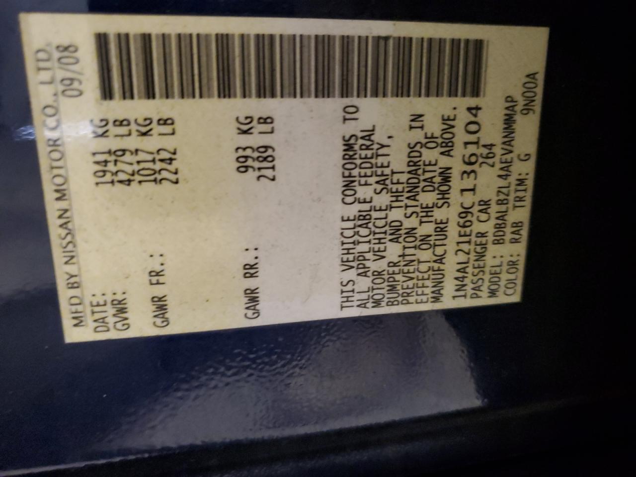 2009 Nissan Altima 2.5 VIN: 1N4AL21E69C136104 Lot: 63057085