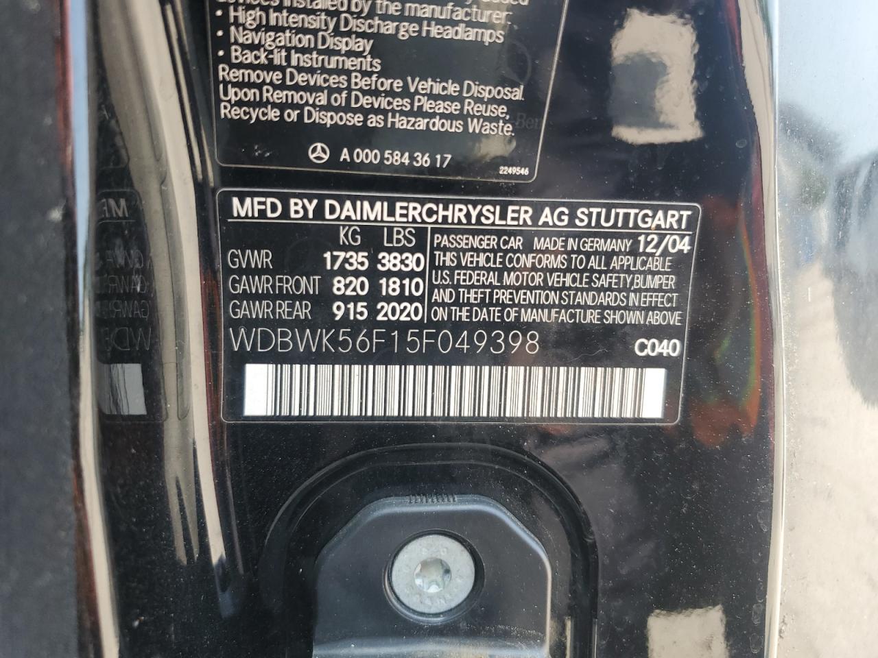 2005 Mercedes-Benz Slk 350 VIN: WDBWK56F15F049398 Lot: 59022025