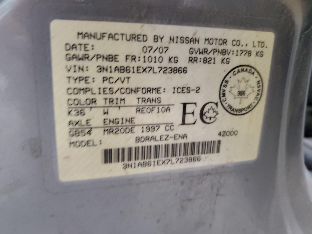 2007 Nissan Sentra 2.0 VIN: 3N1AB61EX7L723866 Lot: 60922075