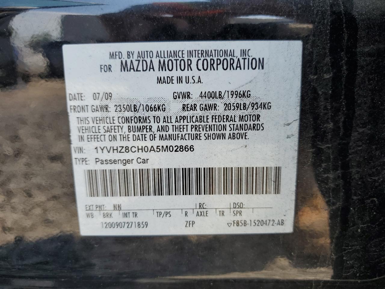 2010 Mazda 6 I VIN: 1YVHZ8CH0A5M02866 Lot: 58911625