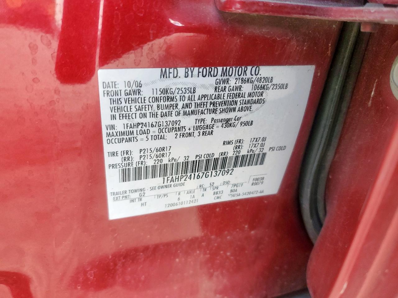 2007 Ford Five Hundred Sel VIN: 1FAHP24167G137092 Lot: 61770235