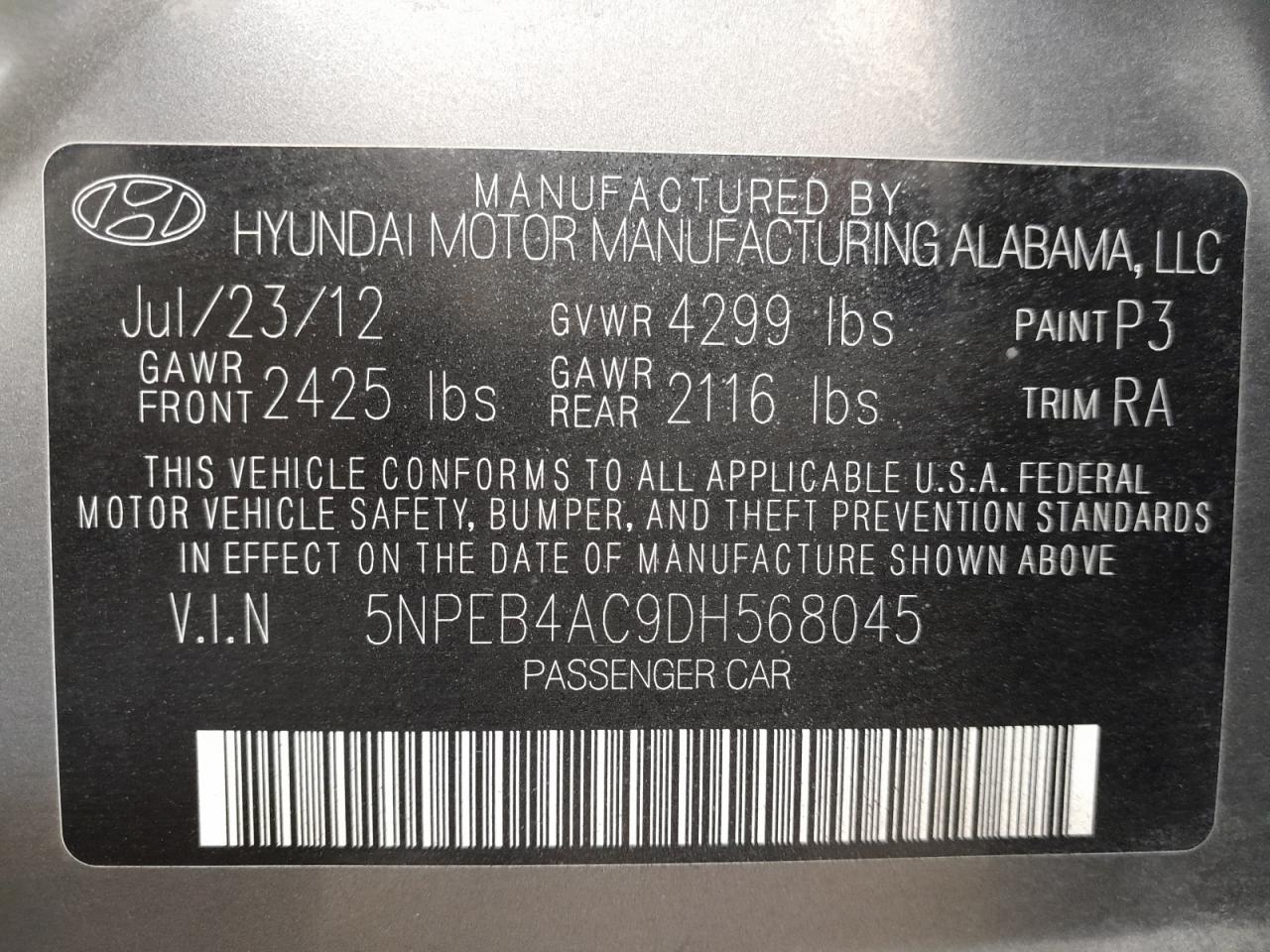 5NPEB4AC9DH568045 - 2013 Hyundai SONATA - #62226305