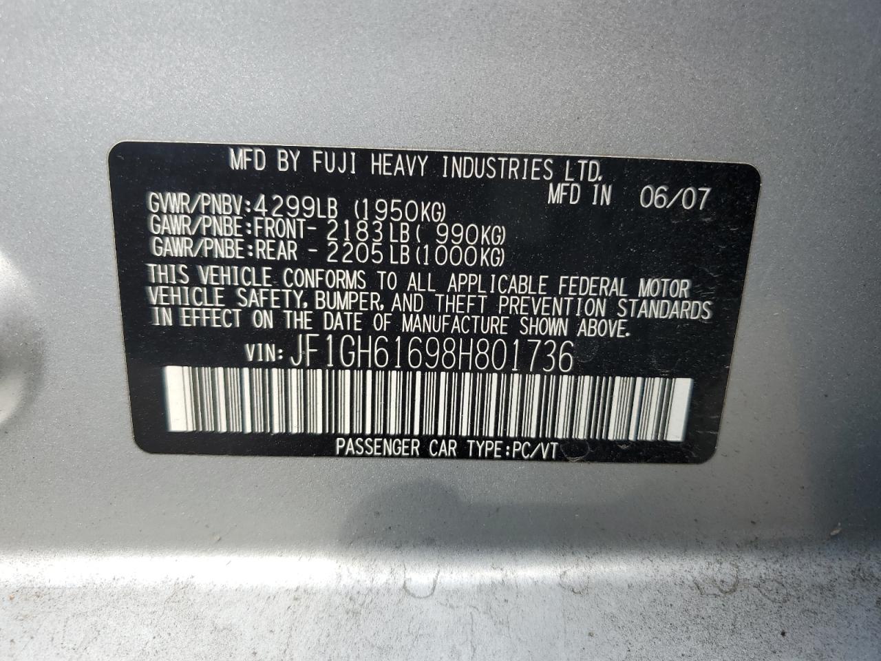 2008 Subaru Impreza 2.5I VIN: JF1GH61698H801736 Lot: 60229935