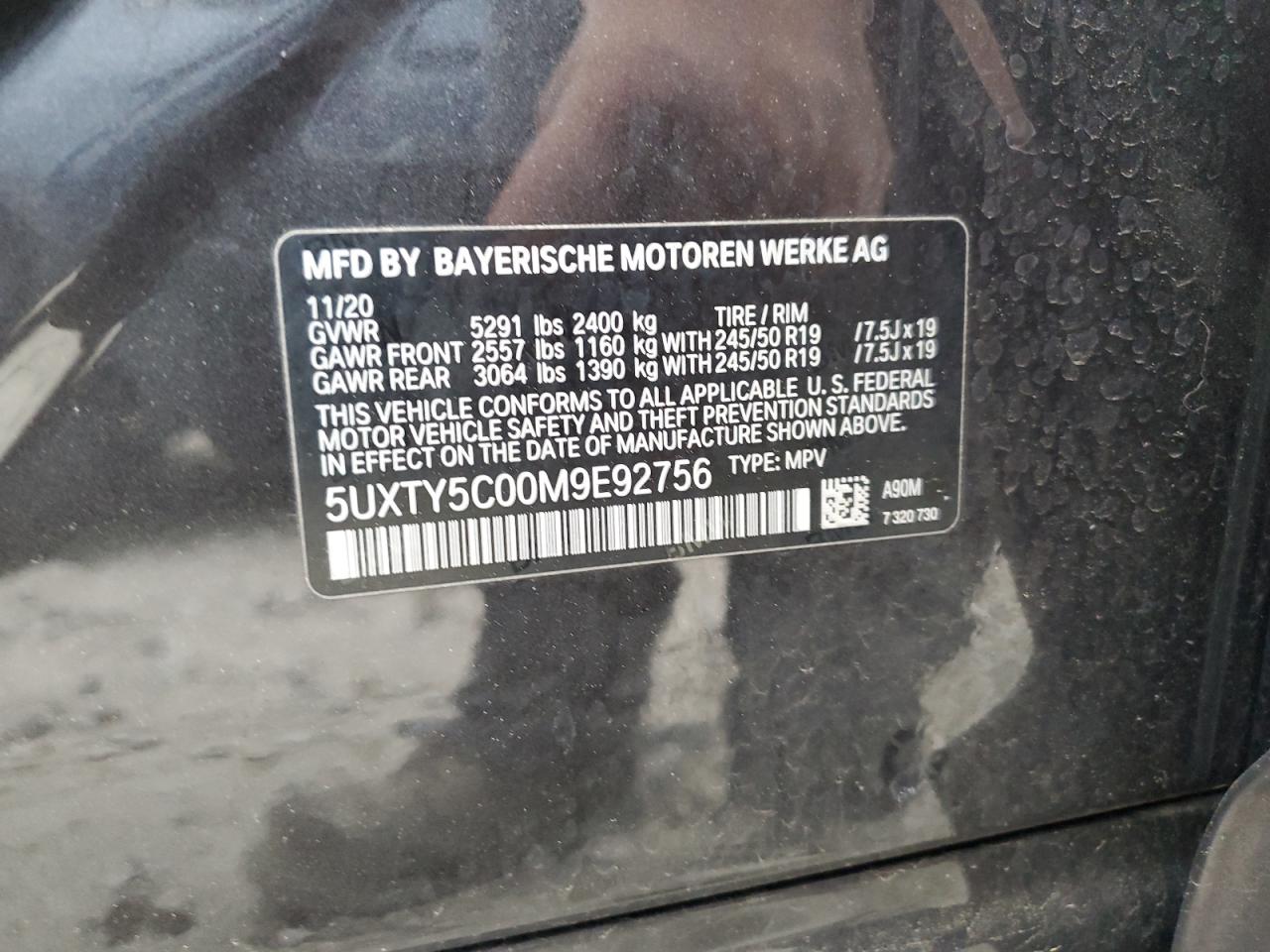 2021 BMW X3 xDrive30I VIN: 5UXTY5C00M9E92756 Lot: 60266015