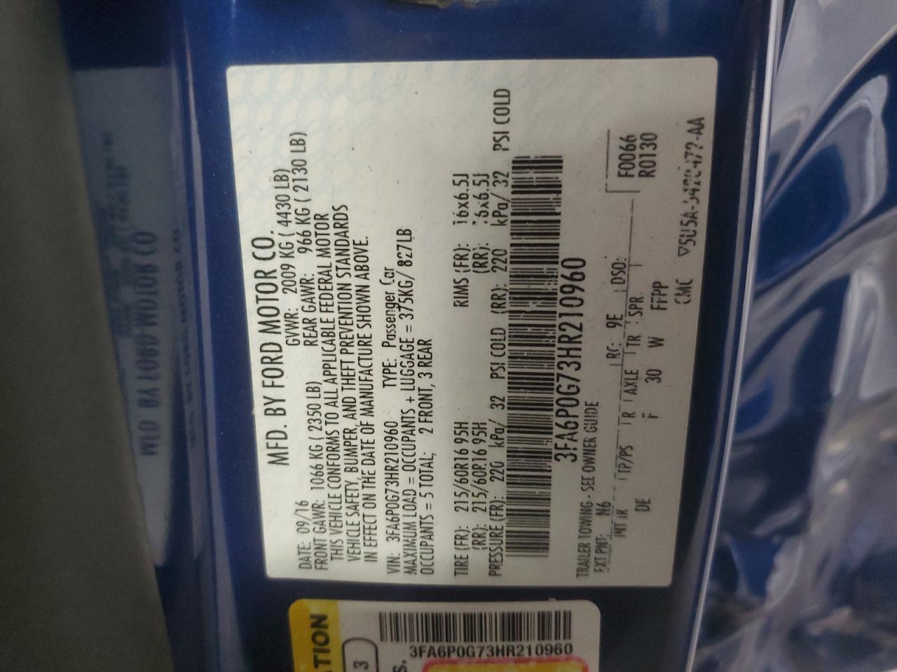 FORD FUSION 2017 VIN 3FA6P0G73HR210960 photo 13