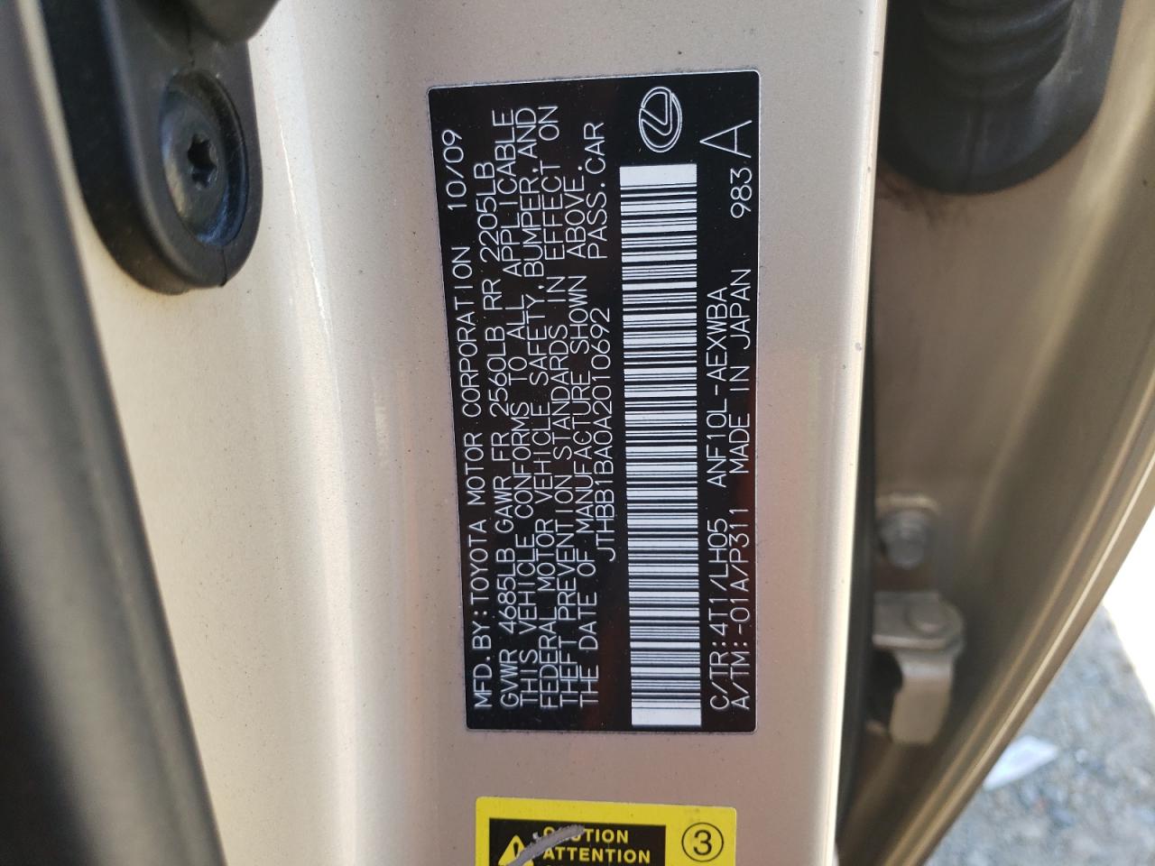 2010 Lexus Hs 250H VIN: JTHBB1BA0A2010692 Lot: 61260625